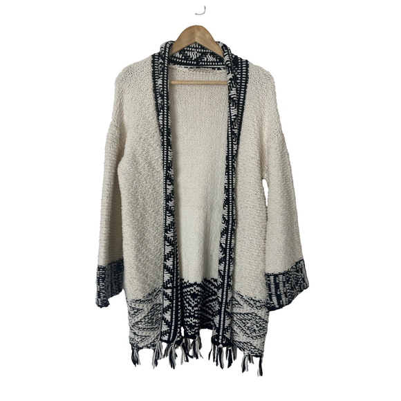 Soft Surroundings Open Aztec Fringed Cardigan Sweater Medium Cream Black Boho - Picture 2 of 11